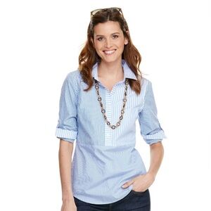 Vineyard Vines Blue Striped Party Popover Blouse 100% Cotton Sz 10 Button Front